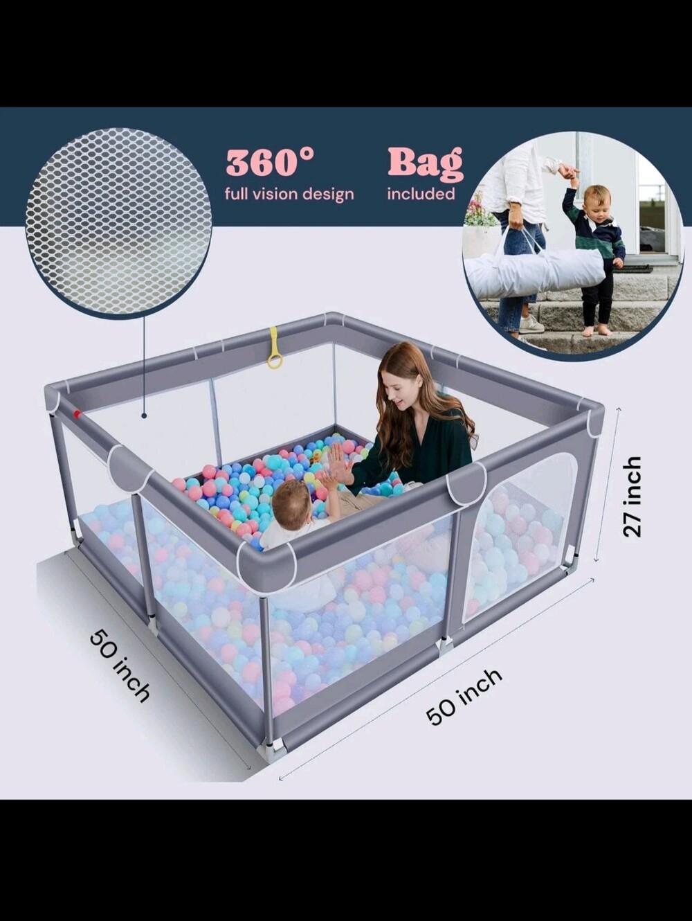 🍼 TODALE 50x50 inch baby playpen with mesh Sides- Grey